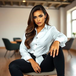 A stylish woman in black jeans sitting confidently on a chair, wearing a white shirt that highlights her curves gracefully, in a modern, brightly lit room