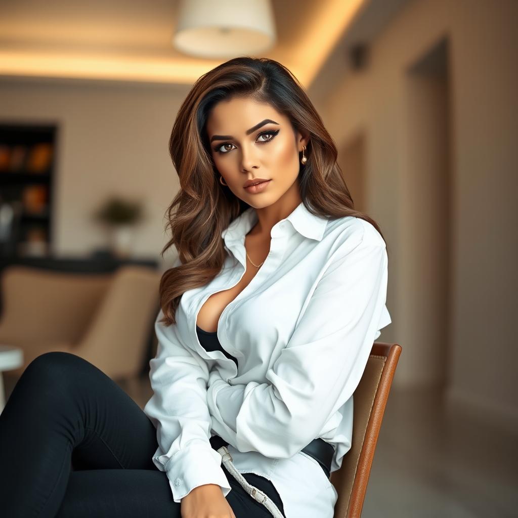 A stylish woman in black jeans sitting confidently on a chair, wearing a white shirt that highlights her curves gracefully, in a modern, brightly lit room