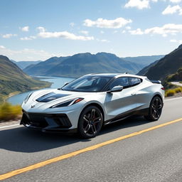 A futuristic CUV that merges the sleek and innovative design features of a Corvette C8 with the elegant and modern aesthetics of a Polestar 5, featuring a four-door configuration