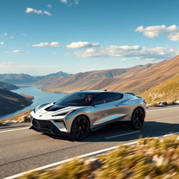 A futuristic CUV that merges the sleek and innovative design features of a Corvette C8 with the elegant and modern aesthetics of a Polestar 5, featuring a four-door configuration