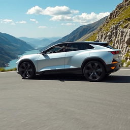 A futuristic CUV that merges the sleek and innovative design features of a Corvette C8 with the elegant and modern aesthetics of a Polestar 5, featuring a four-door configuration