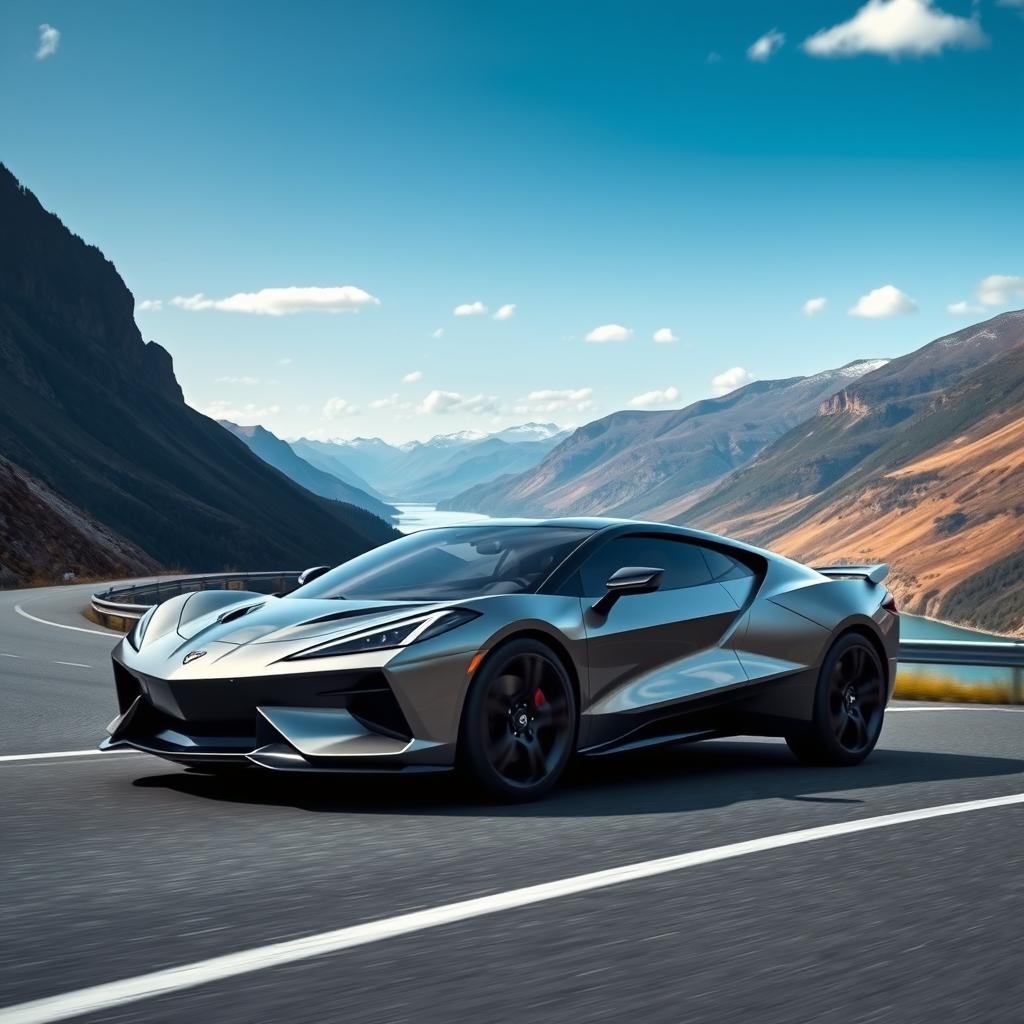 A futuristic CUV that merges the sleek and innovative design features of a Corvette C8 with the elegant and modern aesthetics of a Polestar 5, featuring a four-door configuration