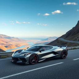 A futuristic and stylish vehicle blending the design elements of a Corvette C8 and a Polestar 4, featuring a unique four-door configuration