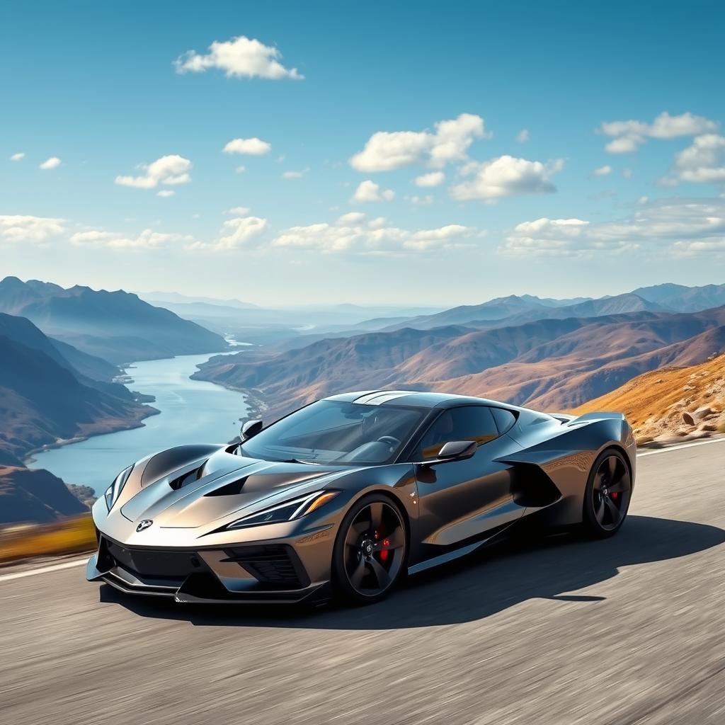 A futuristic and stylish vehicle blending the design elements of a Corvette C8 and a Polestar 4, featuring a unique four-door configuration