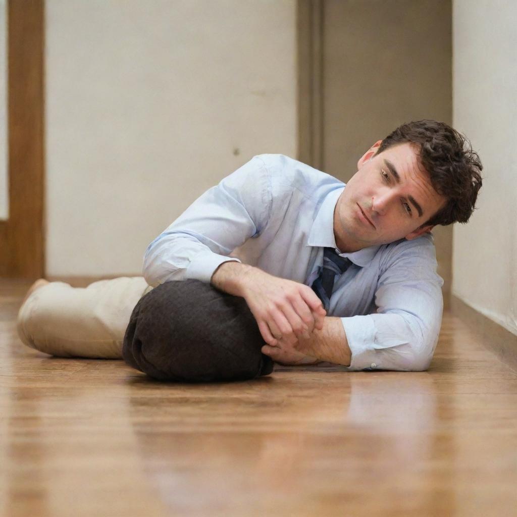 A man lying on the floor at ease, perhaps taking a break or lost in thought.