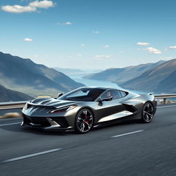 A stunning and futuristic sedan combining the sleek design of a Corvette C8 with the refined lines of a Polestar 4, featuring a four-door configuration