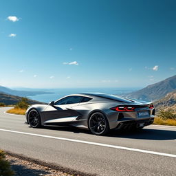 A stunning and futuristic sedan combining the sleek design of a Corvette C8 with the refined lines of a Polestar 4, featuring a four-door configuration