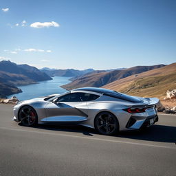 A stunning and futuristic sedan combining the sleek design of a Corvette C8 with the refined lines of a Polestar 4, featuring a four-door configuration