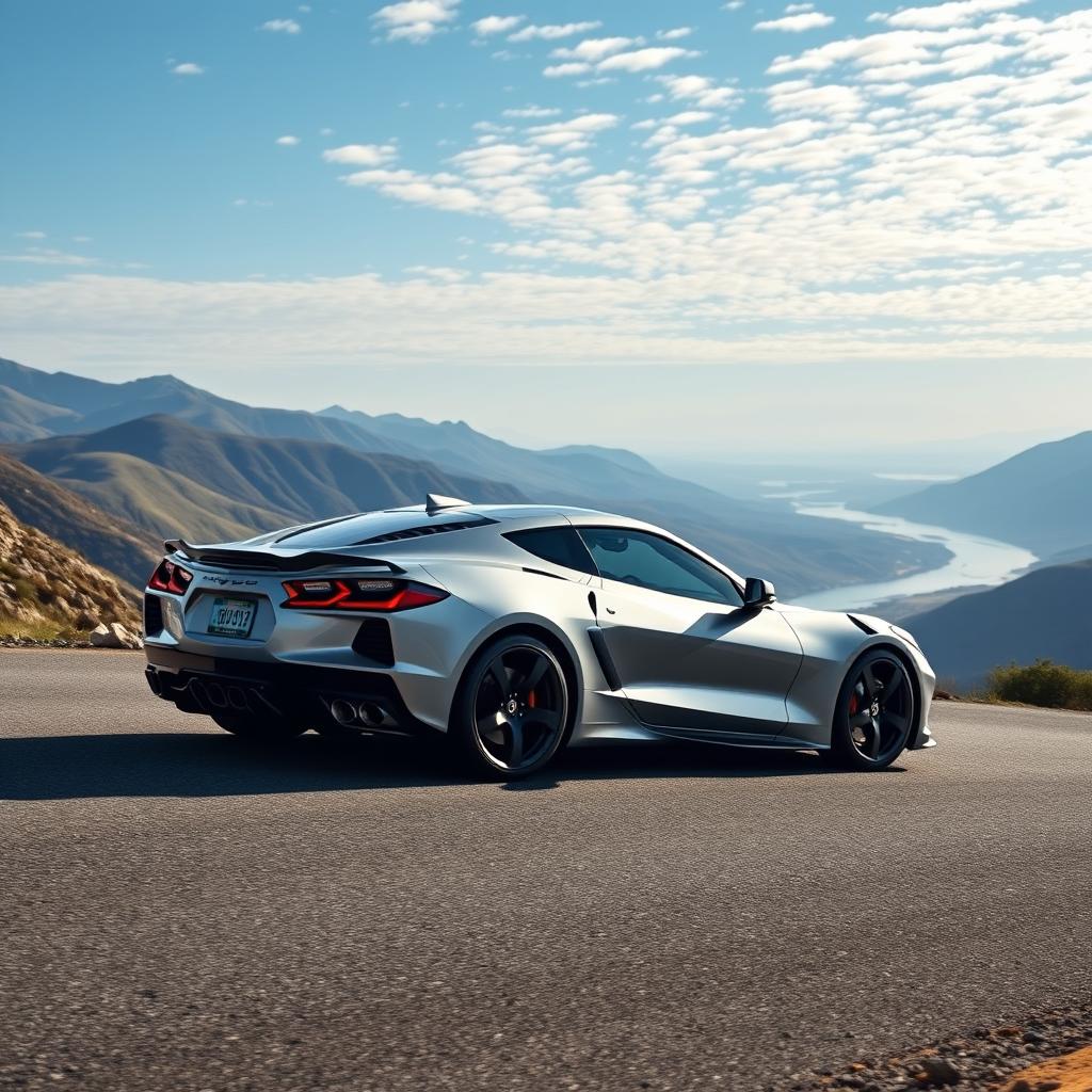 A sleek and modern sedan inspired by the iconic design of the Corvette C8, gracefully driving along a winding mountain road