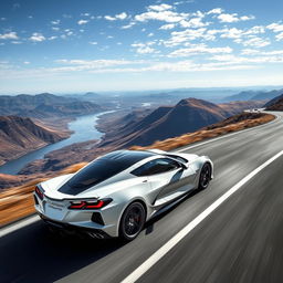 A sleek and modern sedan inspired by the iconic design of the Corvette C8, gracefully driving along a winding mountain road