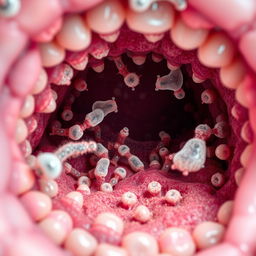 microscopic view of bacteria inside a mouth, detailed visualization showing various types of bacteria such as Streptococcus and Lactobacillus, illustrating their interaction with teeth and gums, intricate colors and textures, highly detailed microbiology depiction