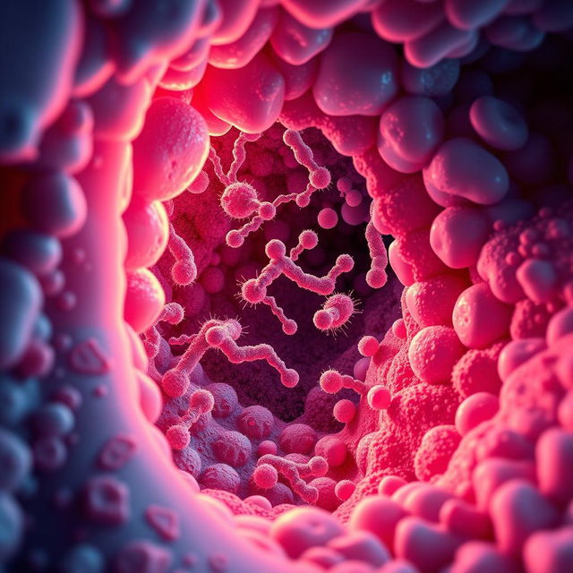 microscopic view of bacteria inside a mouth, detailed visualization showing various types of bacteria such as Streptococcus and Lactobacillus, illustrating their interaction with teeth and gums, intricate colors and textures, highly detailed microbiology depiction