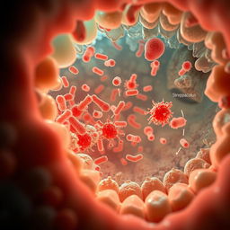 microscopic view of bacteria inside a mouth, detailed visualization showing various types of bacteria such as Streptococcus and Lactobacillus, illustrating their interaction with teeth and gums, intricate colors and textures, highly detailed microbiology depiction