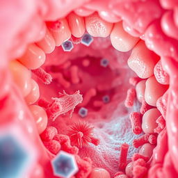 microscopic view of bacteria inside a mouth, detailed visualization showing various types of bacteria such as Streptococcus and Lactobacillus, illustrating their interaction with teeth and gums, intricate colors and textures, highly detailed microbiology depiction