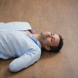 A man lying on the floor at ease, perhaps taking a break or lost in thought.