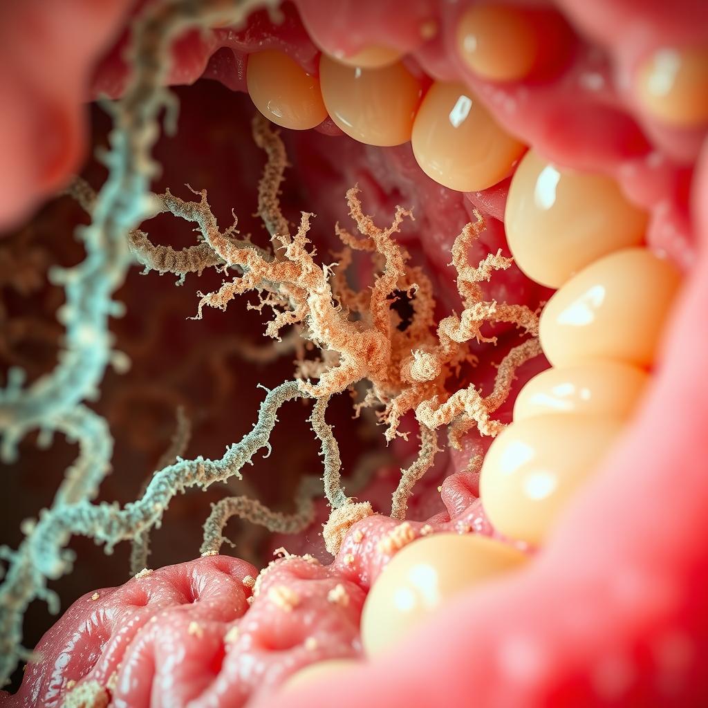 microscopic view of filamentous bacteria inside a mouth, detailed visualization showing the structure and arrangement of filamentous bacteria like Actinomyces, interacting with teeth and gums, intricate colors and textures, highly detailed microbiology depiction