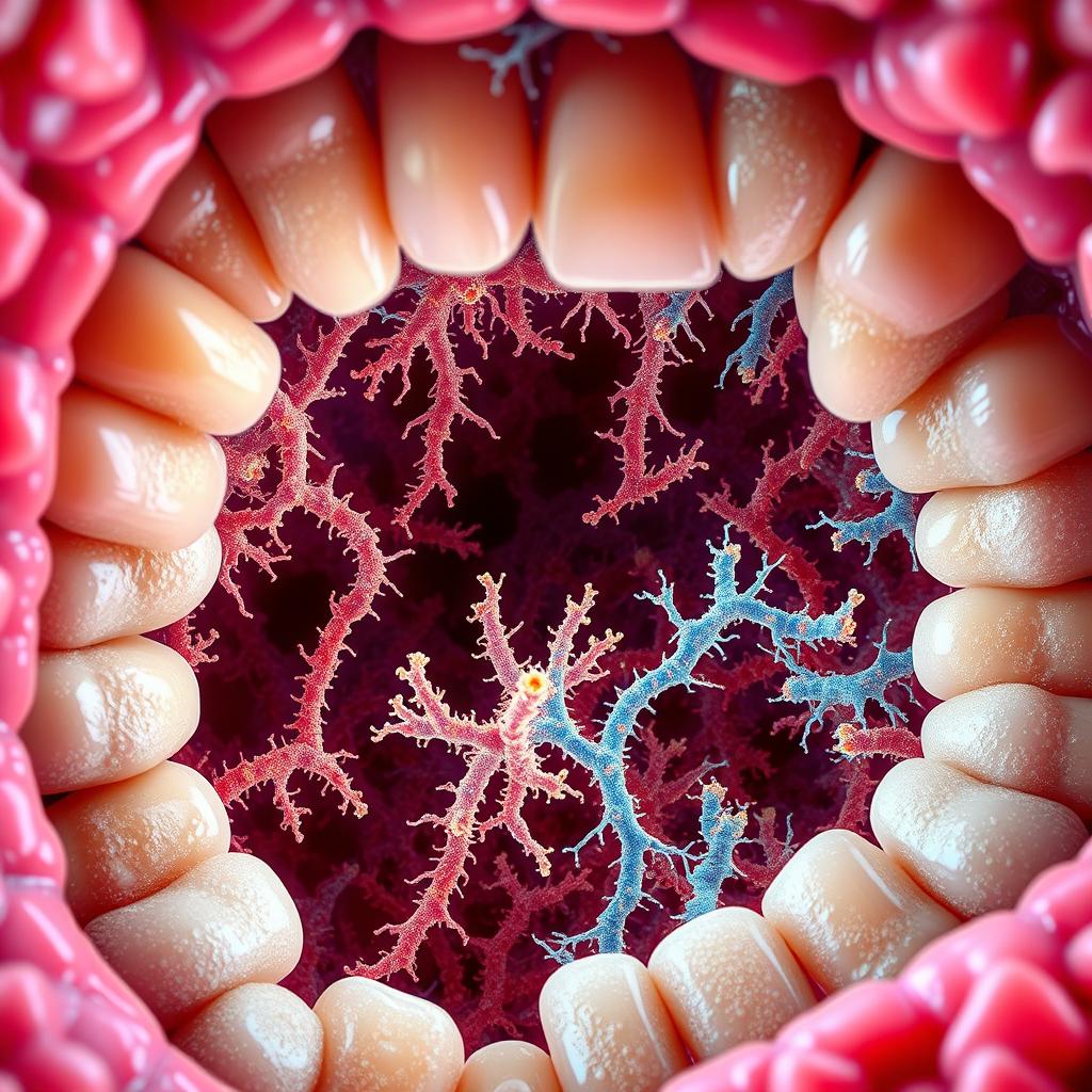 microscopic view of filamentous bacteria inside a mouth, detailed visualization showing the structure and arrangement of filamentous bacteria like Actinomyces, interacting with teeth and gums, intricate colors and textures, highly detailed microbiology depiction