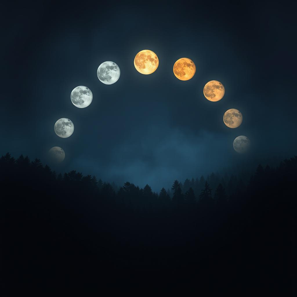 A mysterious forest at night under a sky filled with multiple full moons in various colors, arranged in a boomerang shape