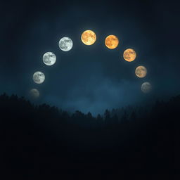 A mysterious forest at night under a sky filled with multiple full moons in various colors, arranged in a boomerang shape