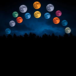 A mysterious forest at night under a sky filled with multiple full moons in various colors, arranged in a boomerang shape