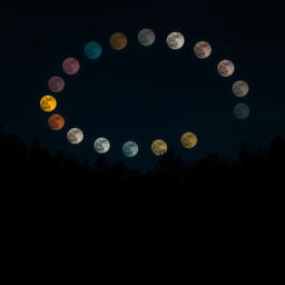 A mysterious forest at night under a sky filled with multiple full moons in various colors, arranged in a boomerang shape