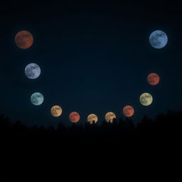 A mysterious forest at night under a sky filled with multiple full moons in various colors, arranged in a boomerang shape