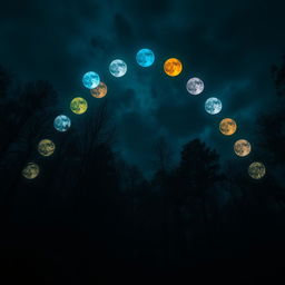 A mysterious and sober forest at night, illuminated by a sky filled with an array of full moons in different colors, each glowing vibrantly and arranged in the shape of a boomerang