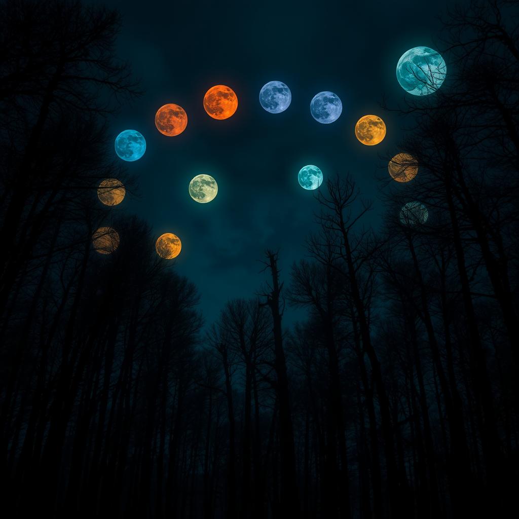 A mysterious and sober forest at night, illuminated by a sky filled with an array of full moons in different colors, each glowing vibrantly and arranged in the shape of a boomerang