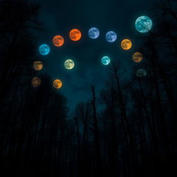 A mysterious and sober forest at night, illuminated by a sky filled with an array of full moons in different colors, each glowing vibrantly and arranged in the shape of a boomerang