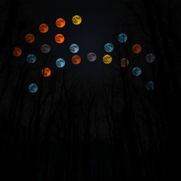 A mysterious and sober forest at night, illuminated by a sky filled with an array of full moons in different colors, each glowing vibrantly and arranged in the shape of a boomerang