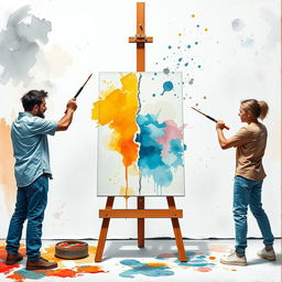 A dynamic scene depicting a clash of artistic styles, where two artists stand on either side of the canvas, passionately painting