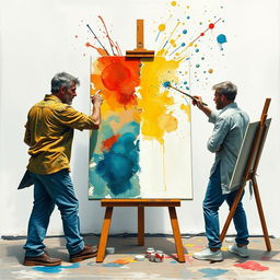 A dynamic scene depicting a clash of artistic styles, where two artists stand on either side of the canvas, passionately painting