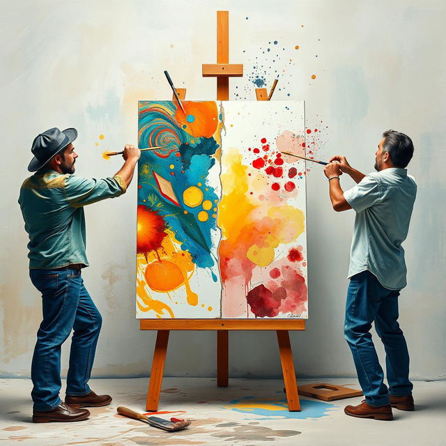 A dynamic scene depicting a clash of artistic styles, where two artists stand on either side of the canvas, passionately painting