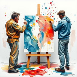 A dynamic scene depicting a clash of artistic styles, where two artists stand on either side of the canvas, passionately painting