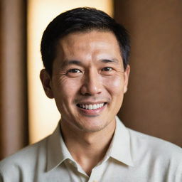 Portrait of a dignified Asian man with expressive eyes and a warm smile, framed by softly illuminated background.