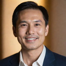 Portrait of a dignified Asian man with expressive eyes and a warm smile, framed by softly illuminated background.