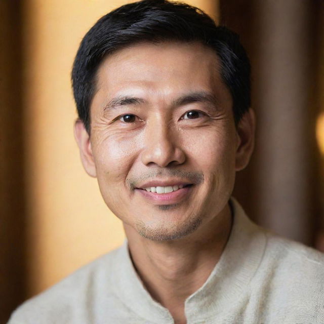 Portrait of a dignified Asian man with expressive eyes and a warm smile, framed by softly illuminated background.