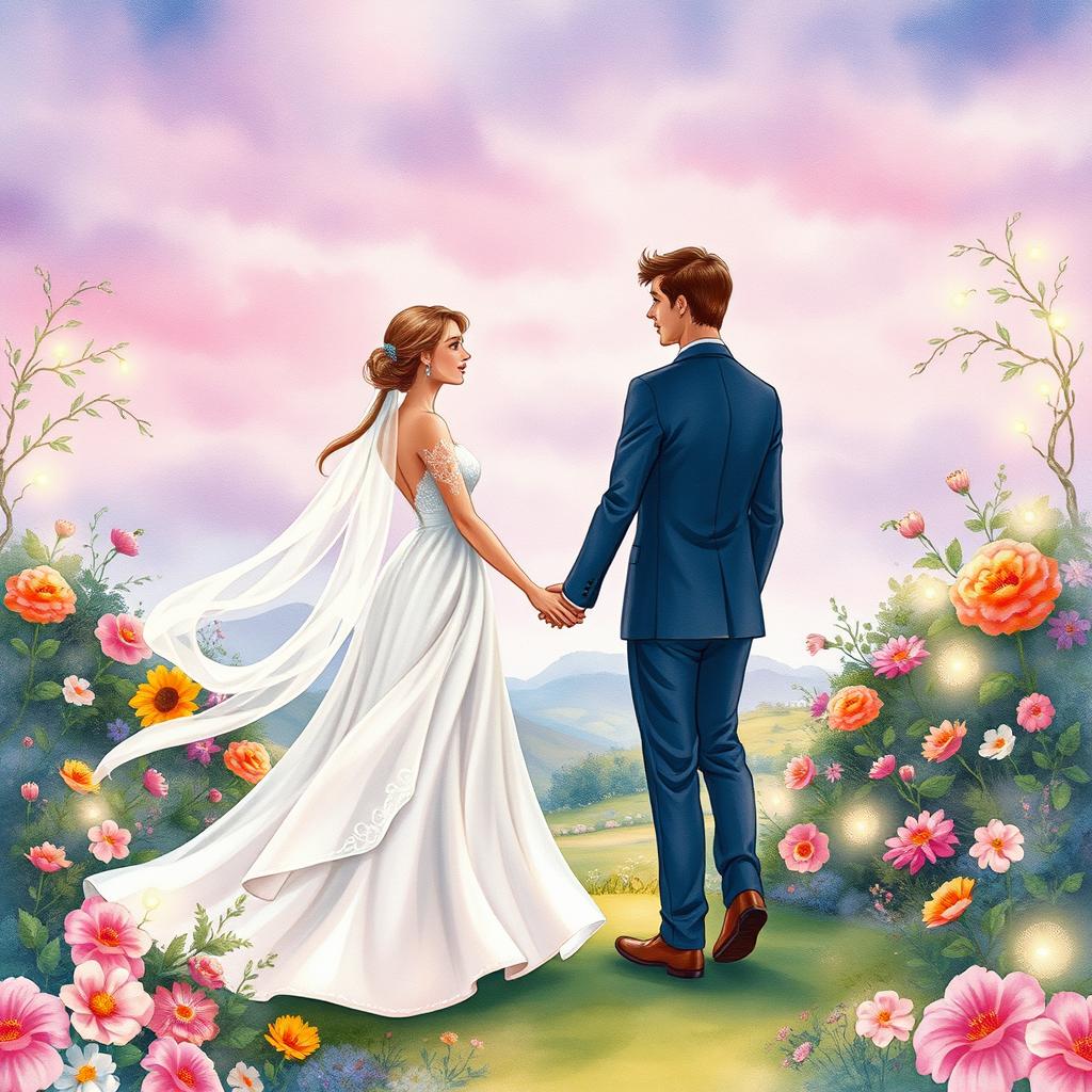 An enchanting book cover illustrating a wedding ceremony