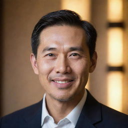 Portrait of a dignified Asian man with expressive eyes and a warm smile, framed by softly illuminated background.