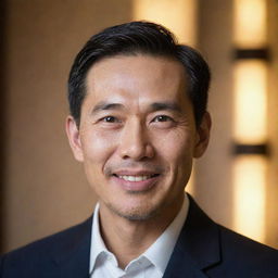 Portrait of a dignified Asian man with expressive eyes and a warm smile, framed by softly illuminated background.