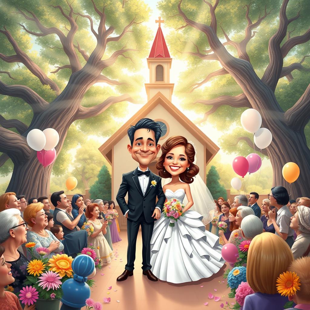 A whimsical caricature style book cover illustrating a joyful wedding scene