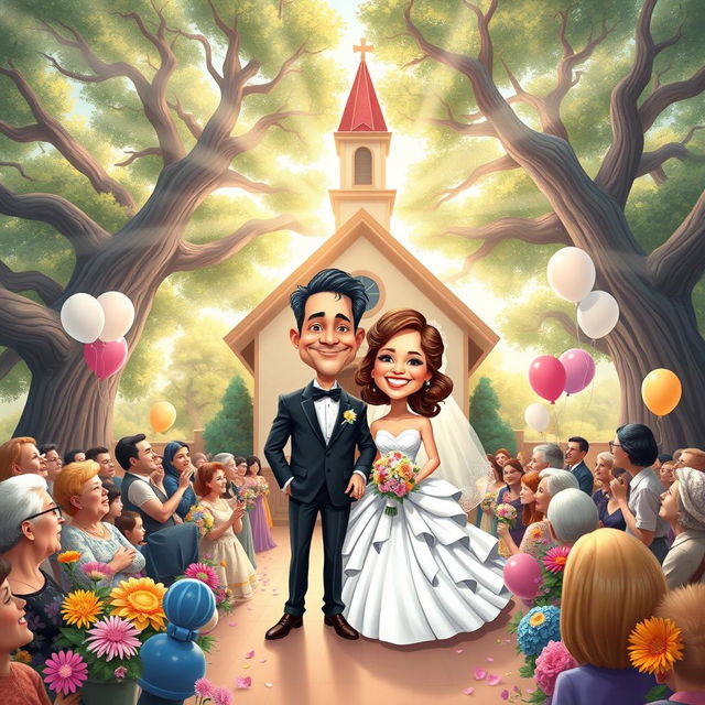 A whimsical caricature style book cover illustrating a joyful wedding scene