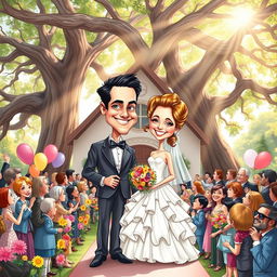 A whimsical caricature style book cover illustrating a joyful wedding scene