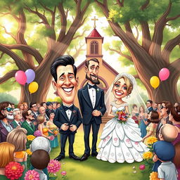 A whimsical caricature style book cover illustrating a joyful wedding scene