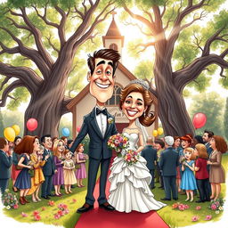 A whimsical caricature style book cover illustrating a joyful wedding scene