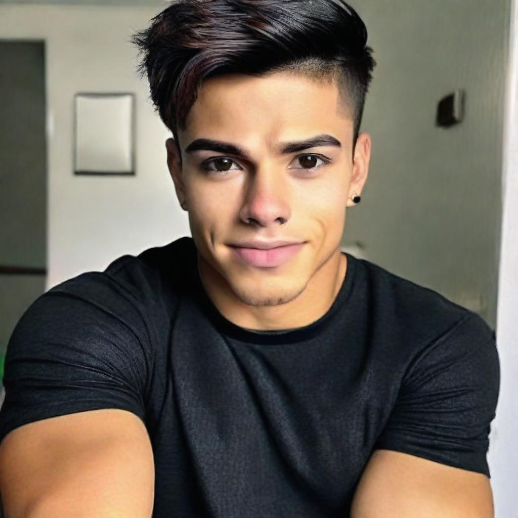 A portrait of a handsome 21-year-old Mexican male with a squared jaw, large eyebrows, short dark hair, with a lightly tanned skin tone. He possesses sparkling puppy eyes and perfect teeth. Wearing a black shirt and showcasing his strong muscular physique. He has earlobe piercings.