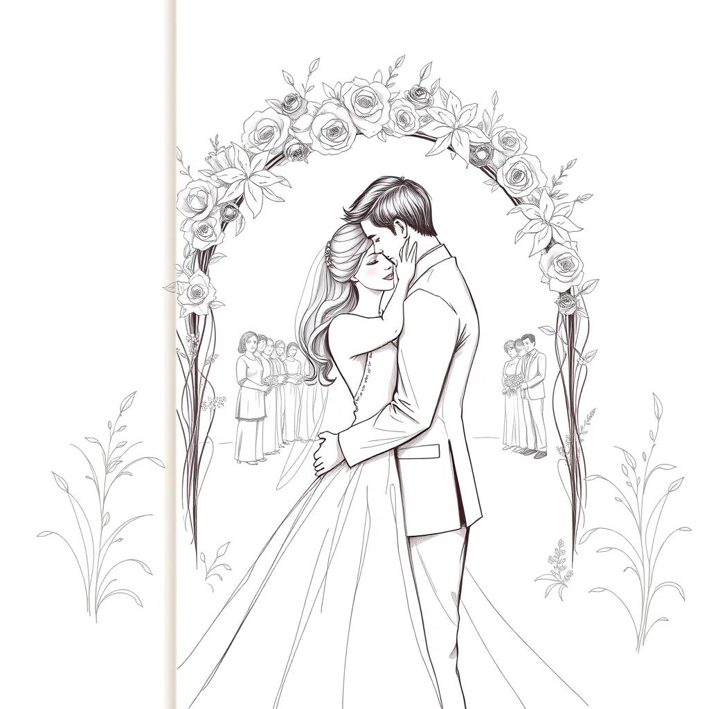 A delicate sketch style book cover depicting a romantic wedding scene