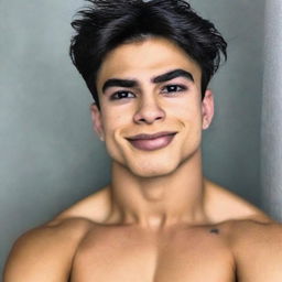 A portrait of a handsome 21-year-old Mexican male with a squared jaw, large eyebrows, short dark hair, with a lightly tanned skin tone. He possesses sparkling puppy eyes and perfect teeth. Wearing a black shirt and showcasing his strong muscular physique. He has earlobe piercings.