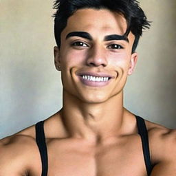 A portrait of a handsome 21-year-old Mexican male with a squared jaw, large eyebrows, short dark hair, with a lightly tanned skin tone. He possesses sparkling puppy eyes and perfect teeth. Wearing a black shirt and showcasing his strong muscular physique. He has earlobe piercings.