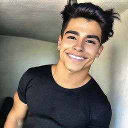 A portrait of a handsome 21-year-old Mexican male with a squared jaw, large eyebrows, short dark hair, with a lightly tanned skin tone. He possesses sparkling puppy eyes and perfect teeth. Wearing a black shirt and showcasing his strong muscular physique. He has earlobe piercings.